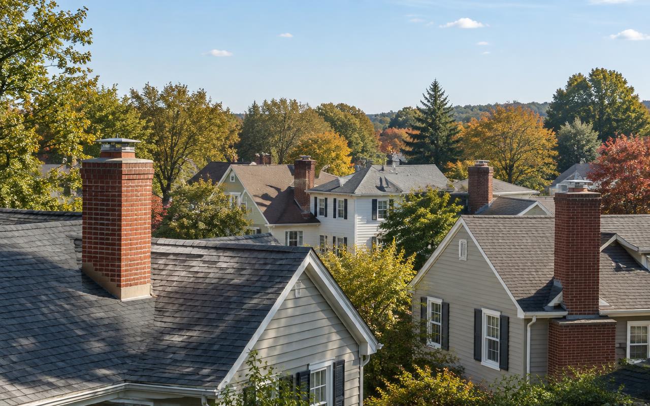 Freehold, New Jersey neighborhood rooftops with traditional brick chimneys